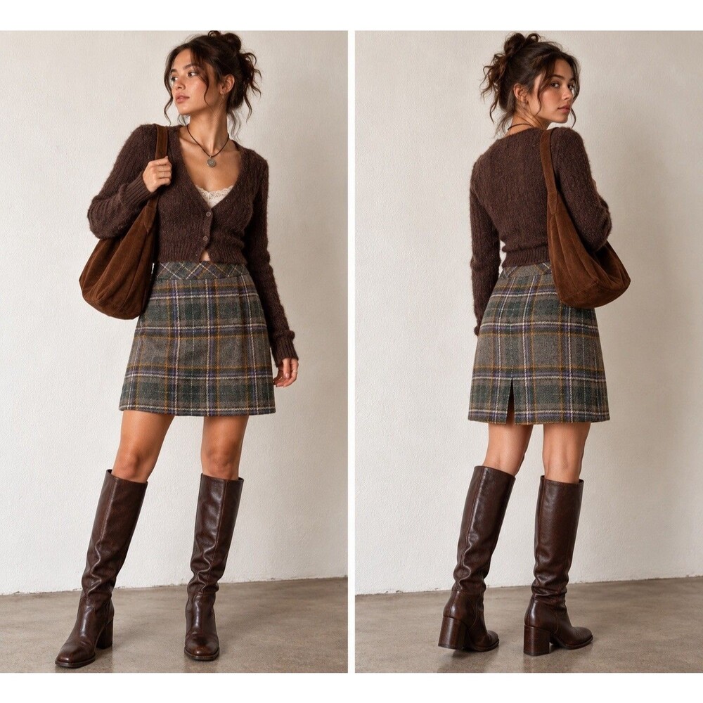 L.L. Bean Wool Plaid Mini Skirt Womens 6 Gray Mustard Purple Y2K Academia Preppy